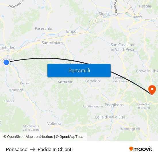 Ponsacco to Radda In Chianti map