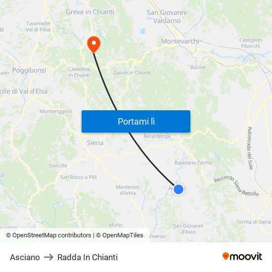 Asciano to Radda In Chianti map