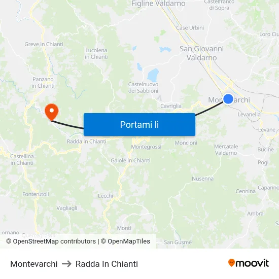 Montevarchi to Radda In Chianti map