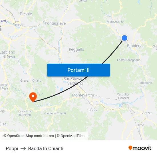 Poppi to Radda In Chianti map