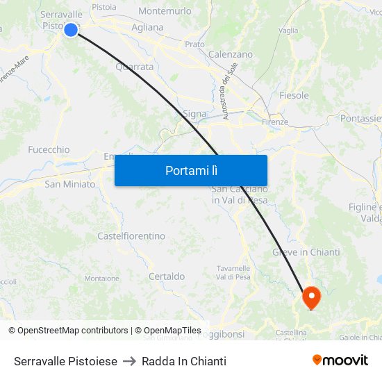 Serravalle Pistoiese to Radda In Chianti map