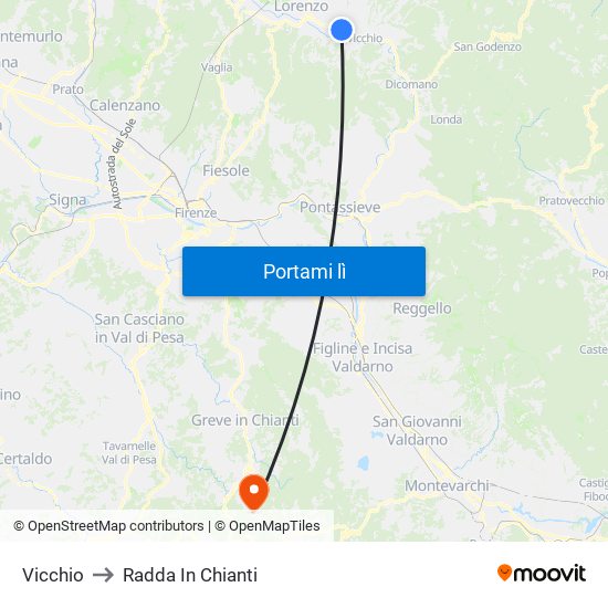 Vicchio to Radda In Chianti map