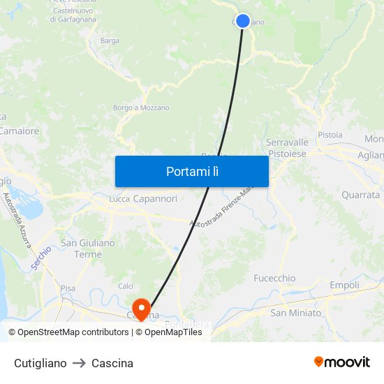 Cutigliano to Cascina map