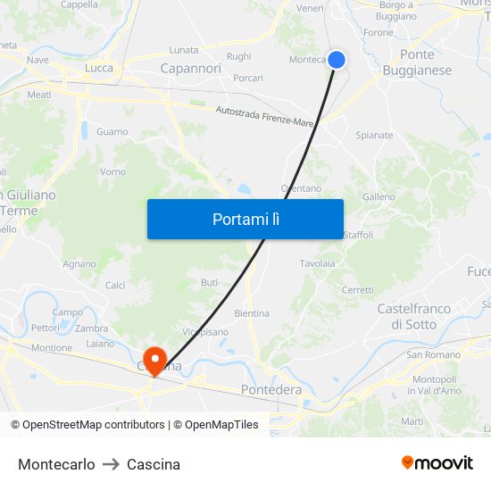 Montecarlo to Cascina map