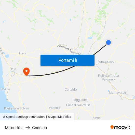 Mirandola to Cascina map