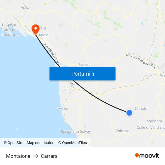 Montaione to Carrara map