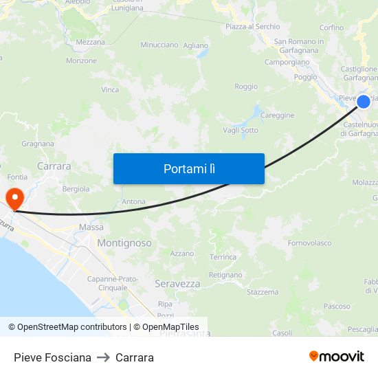 Pieve Fosciana to Carrara map