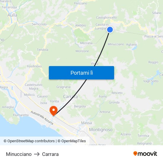 Minucciano to Carrara map