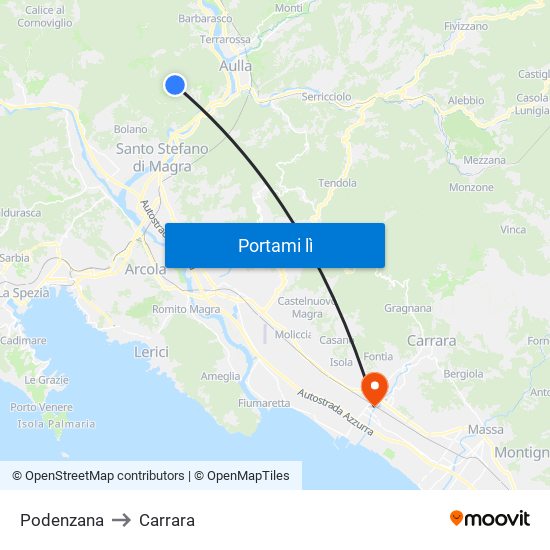 Podenzana to Carrara map