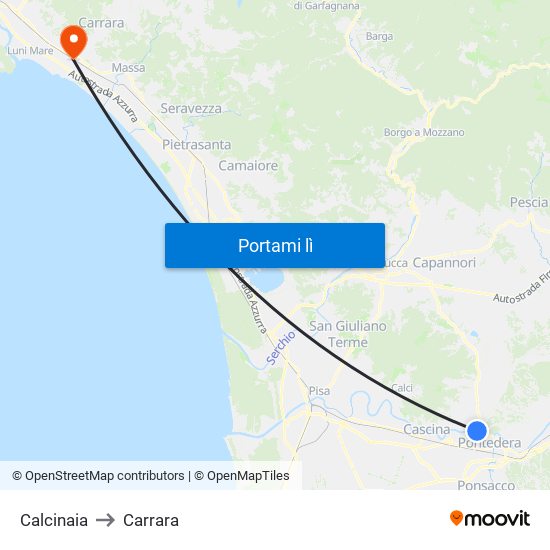 Calcinaia to Carrara map