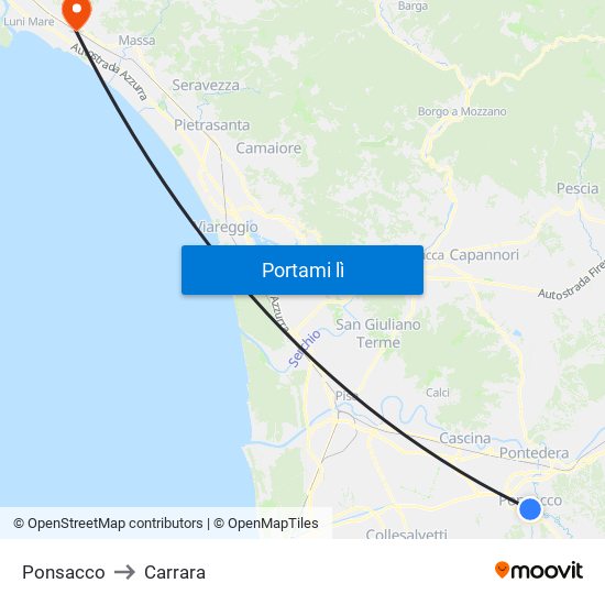 Ponsacco to Carrara map