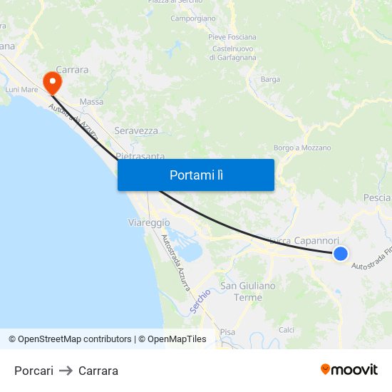 Porcari to Carrara map