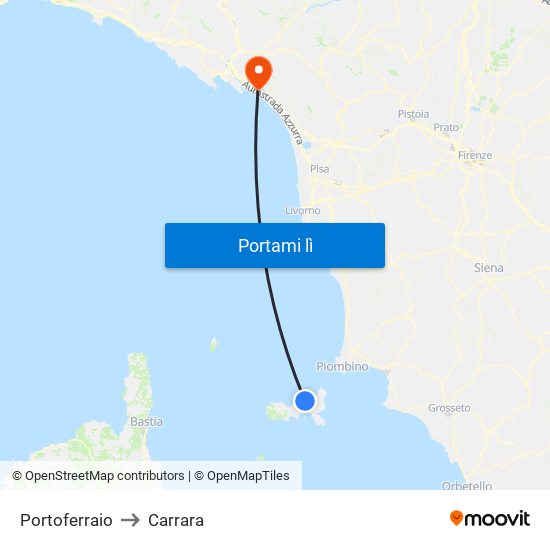 Portoferraio to Carrara map