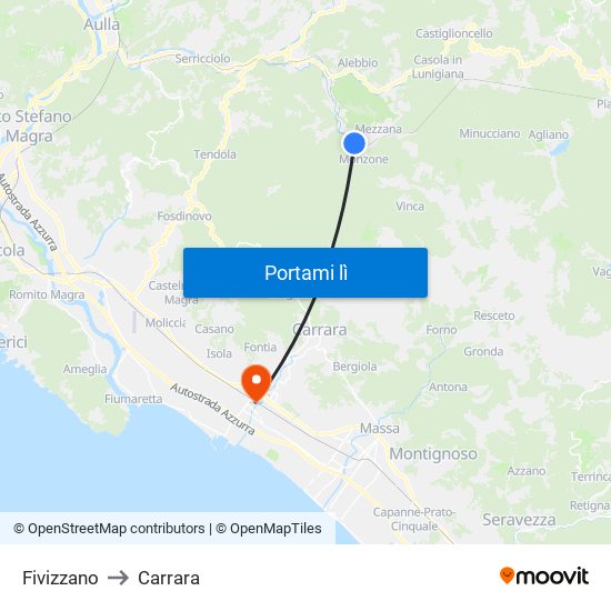 Fivizzano to Carrara map