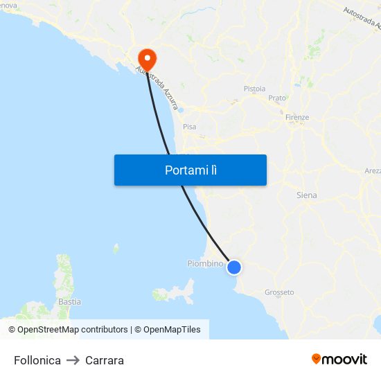 Follonica to Carrara map