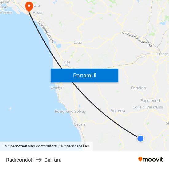 Radicondoli to Carrara map