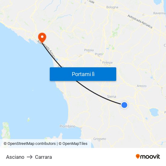 Asciano to Carrara map