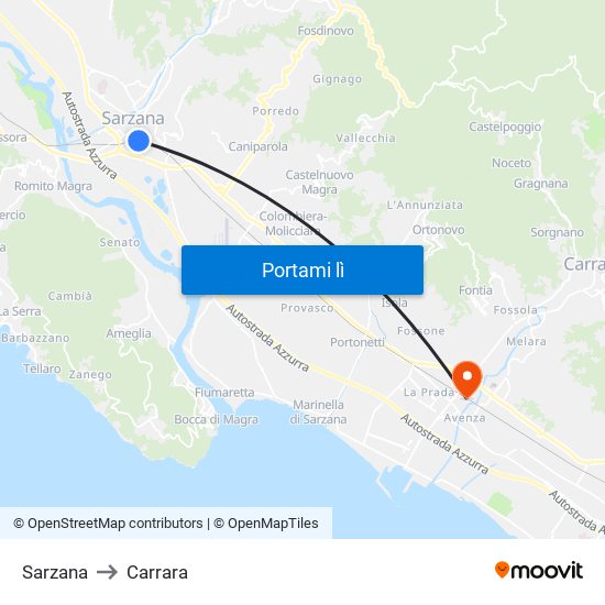 Sarzana to Carrara map