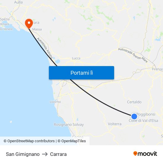 San Gimignano to Carrara map