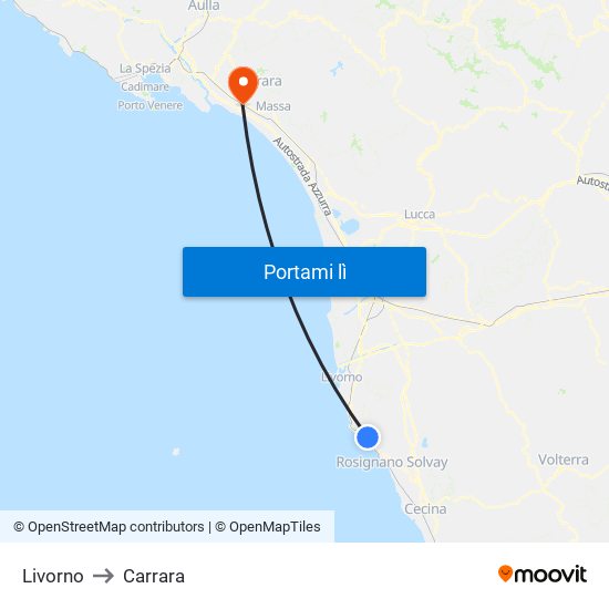 Livorno to Carrara map