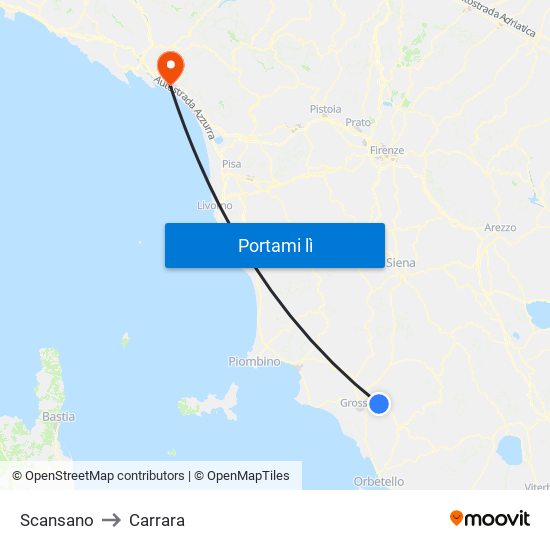 Scansano to Carrara map