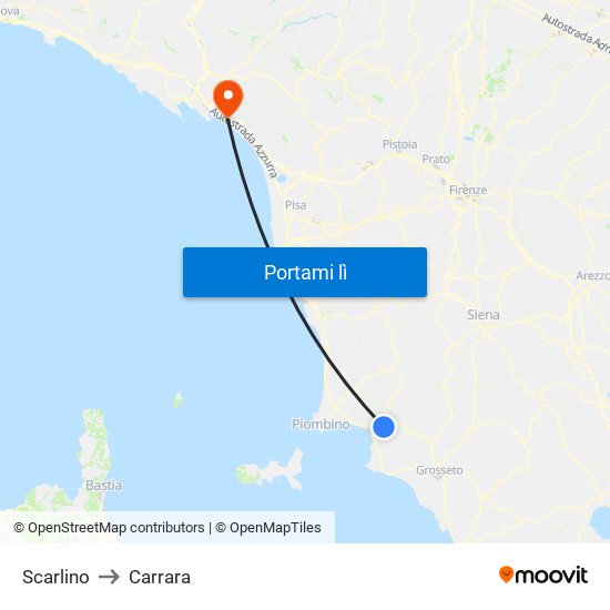 Scarlino to Carrara map