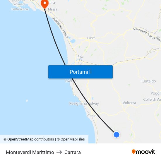 Monteverdi Marittimo to Carrara map