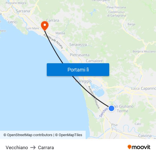 Vecchiano to Carrara map