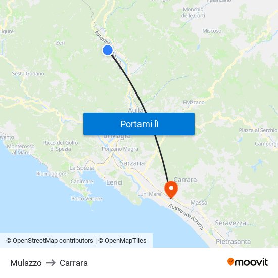 Mulazzo to Carrara map