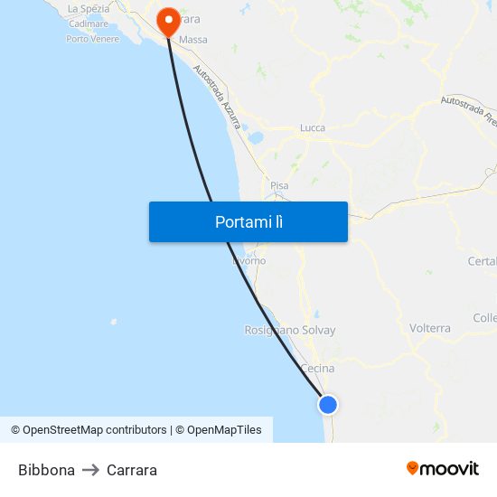 Bibbona to Carrara map