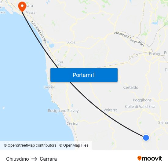 Chiusdino to Carrara map