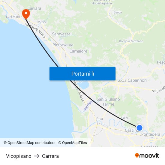 Vicopisano to Carrara map