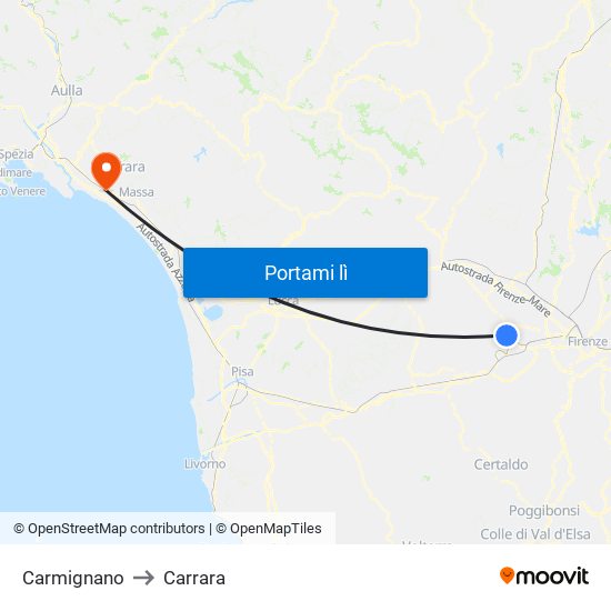 Carmignano to Carrara map