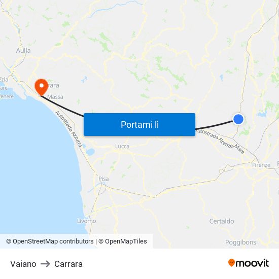 Vaiano to Carrara map