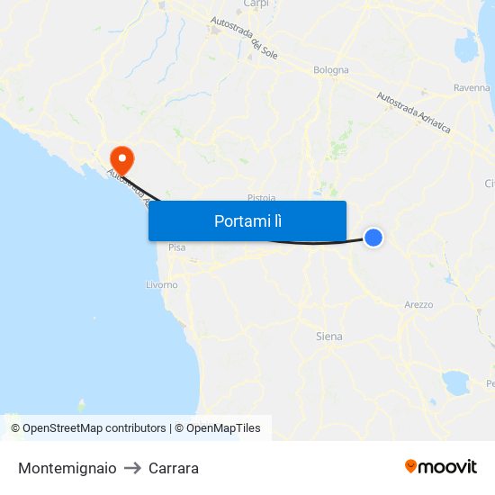 Montemignaio to Carrara map