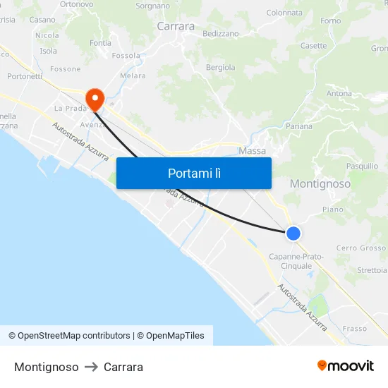 Montignoso to Carrara map