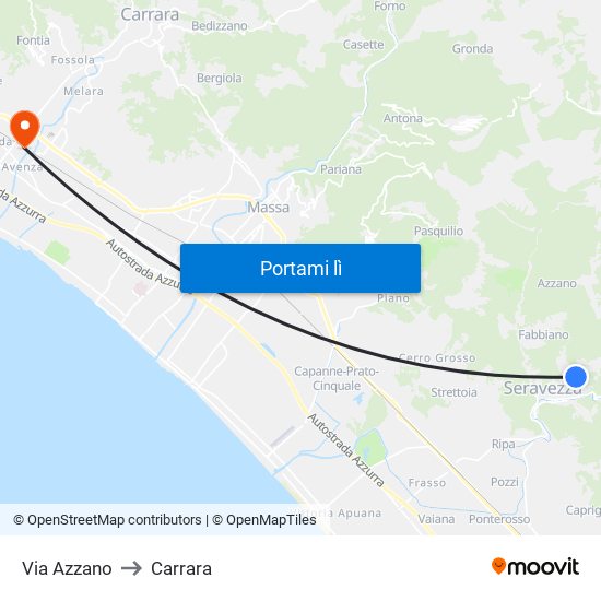 Via Azzano to Carrara map