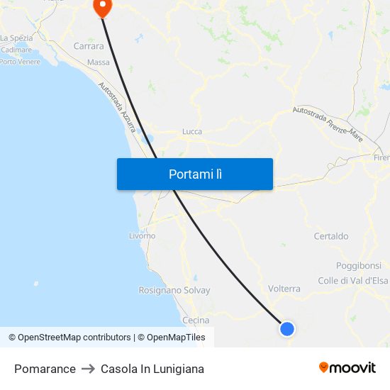 Pomarance to Casola In Lunigiana map
