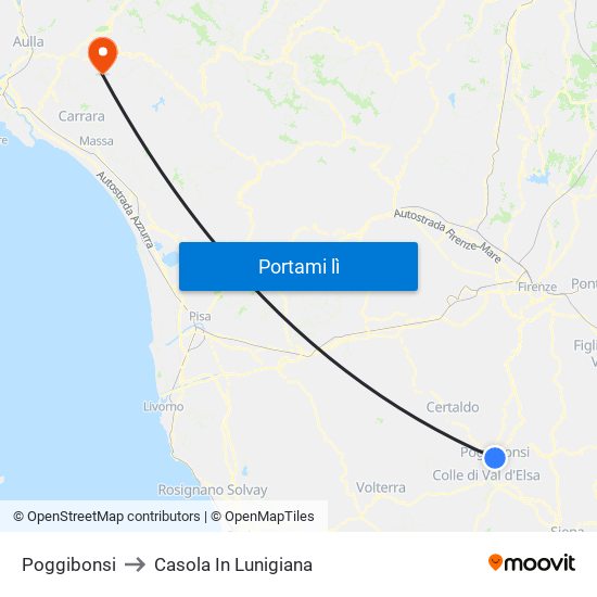 Poggibonsi to Casola In Lunigiana map