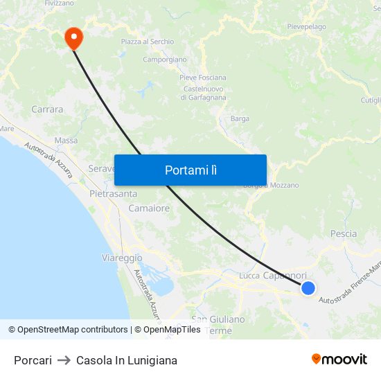 Porcari to Casola In Lunigiana map