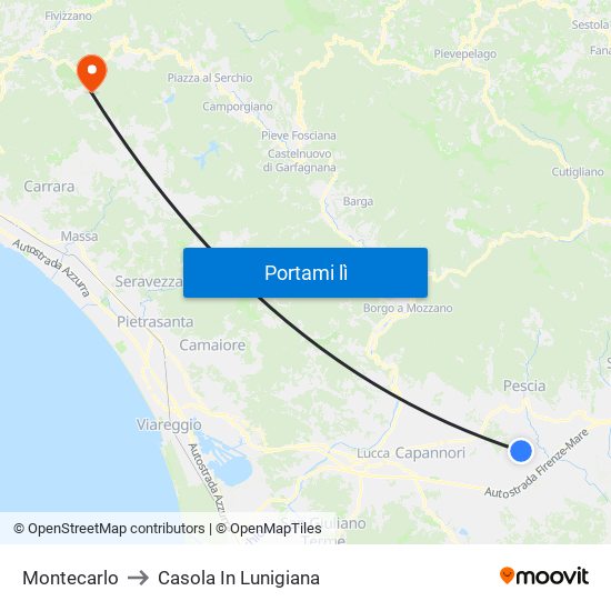 Montecarlo to Casola In Lunigiana map