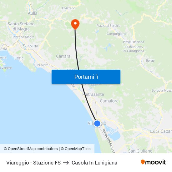 Viareggio Stazione FS to Casola In Lunigiana map