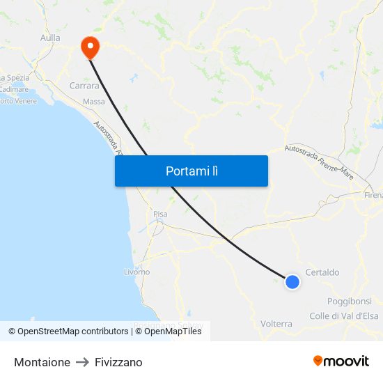 Montaione to Fivizzano map