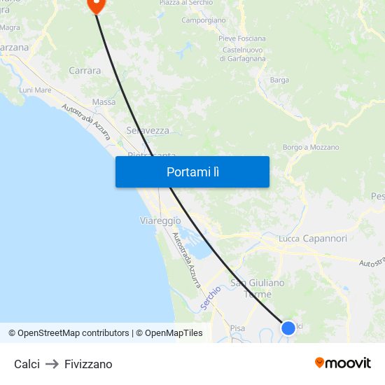 Calci to Fivizzano map