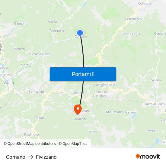 Comano to Fivizzano map