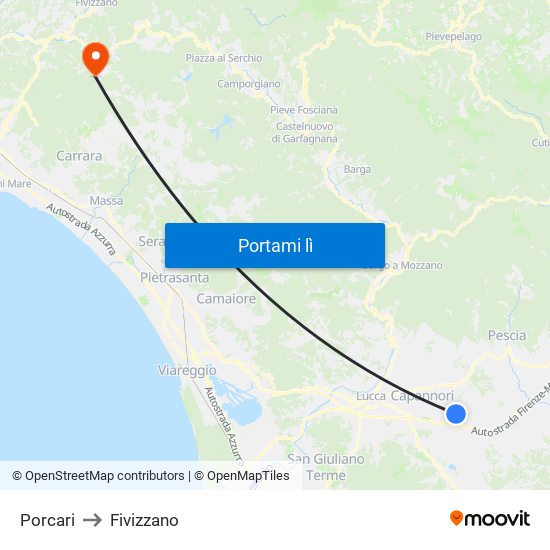 Porcari to Fivizzano map