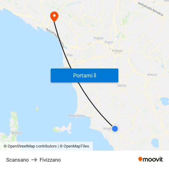 Scansano to Fivizzano map