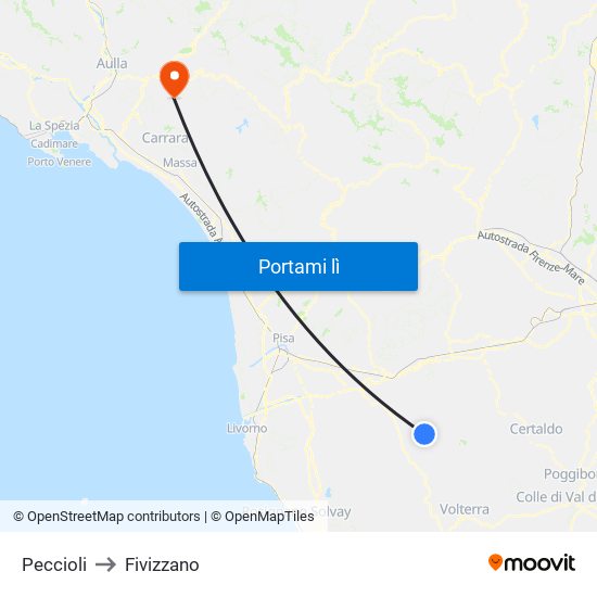 Peccioli to Fivizzano map