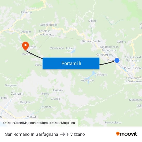 San Romano In Garfagnana to Fivizzano map