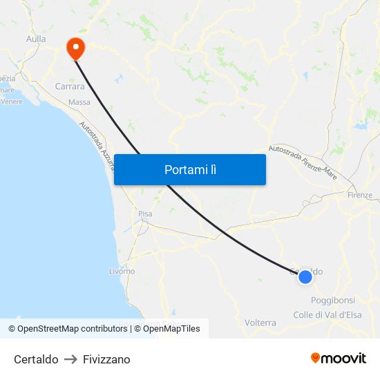 Certaldo to Fivizzano map